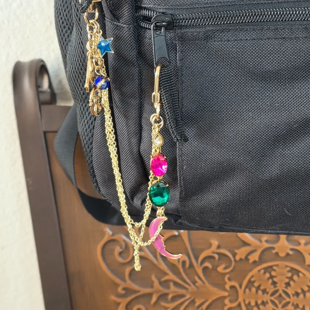 Whimsical Celestial Purse Chain Gold Tone Multi Strand Bag Charm Moon Cat Jewel